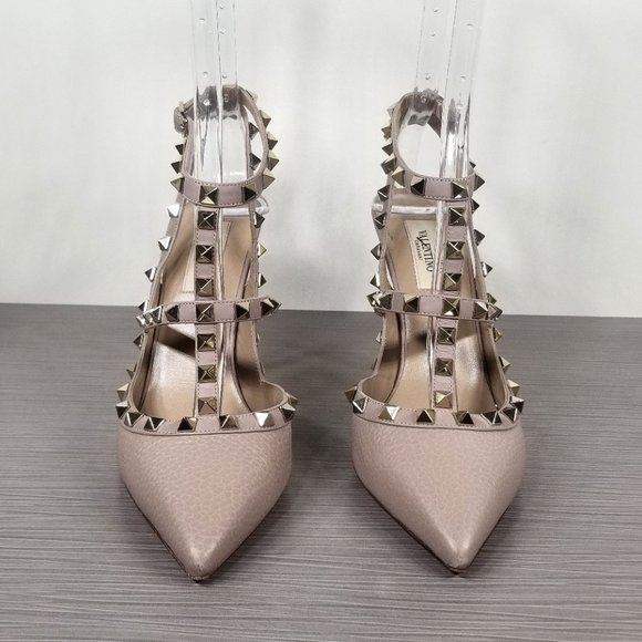 Valentino Rockstud Ankle Strap Pump Poudre Pebbled Leather Womens Size 8.5 /38.5 - Picture 2 of 14